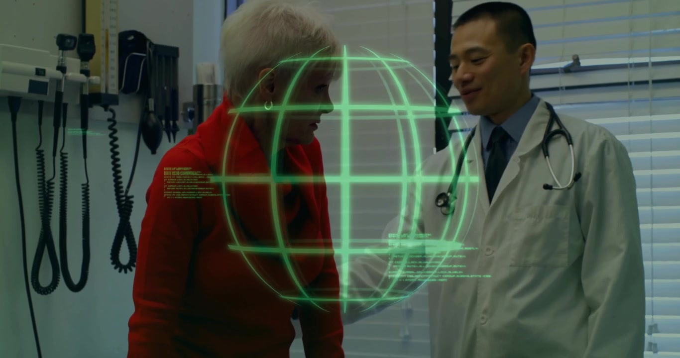 Médecin posant la main sur le genou d'un patient et initiant une superposition de code de diffusion mondiale entre eux.
