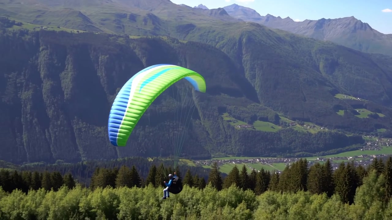Piloto con casco y arnés desciende bajo una vela inflada azul verdosa, con las líneas tensas y el cuerpo angulado para un aterrizaje controlado sobre el borde del bosque, prados y crestas montañosas distantes a plena luz del día.