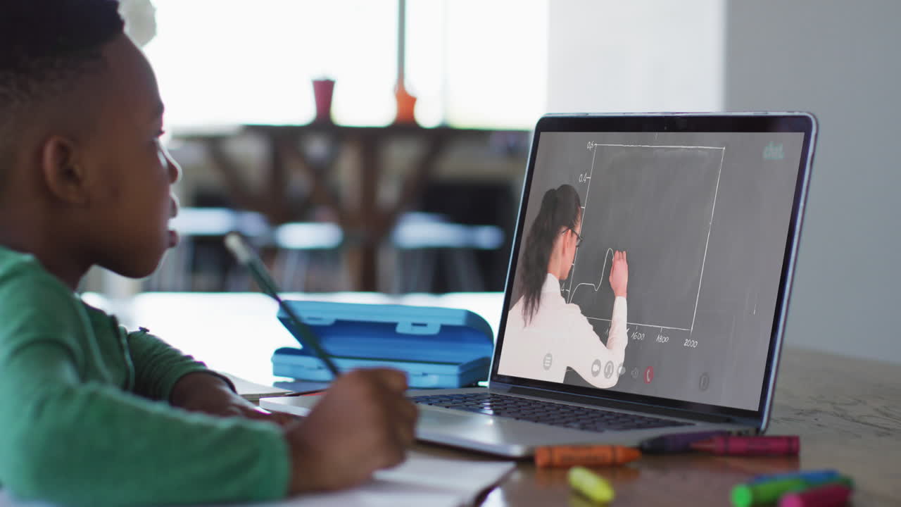 African american boy having a video call on laptop while doing homework at home
