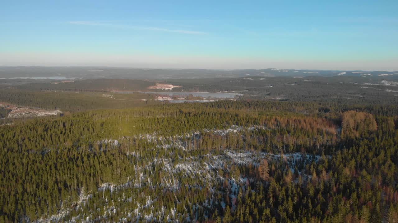 Mjuk drönarfilm över skog och sjöar i Sverige