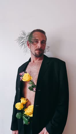 man in black jacket with yellow roses