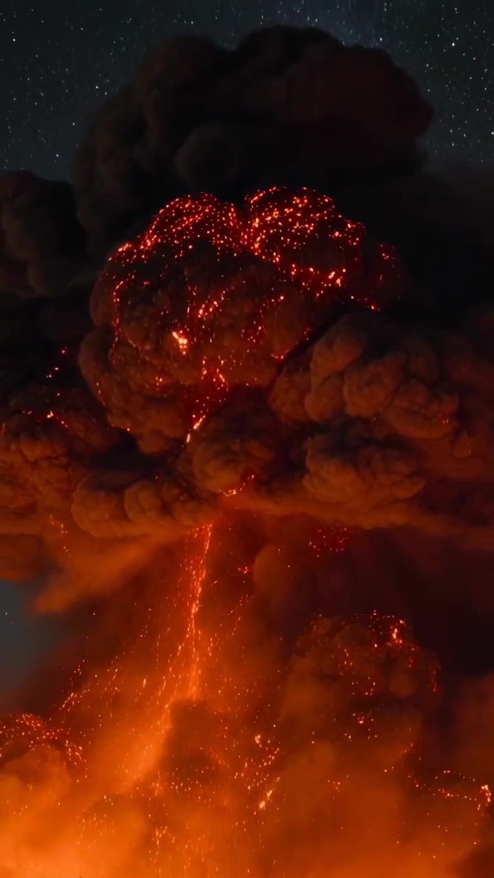 Vertikales Video: Schlot bricht auf, Vulkan sendet Lavafontäne und Aschewolke in den Sternenhimmel, Kraterrand.