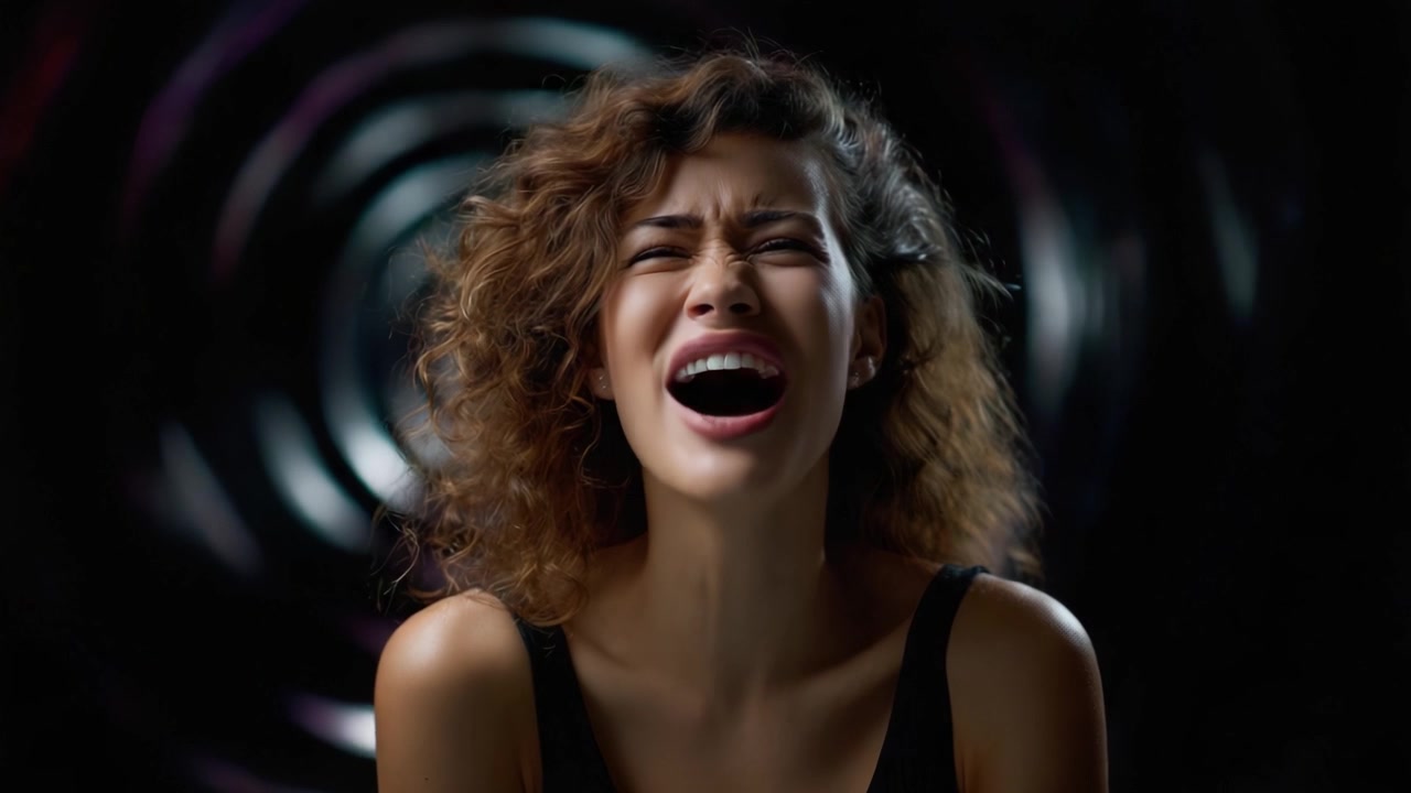 Intensa espressione emotiva di una giovane donna con capelli ricci su uno sfondo scuro e a spirale, che cattura paura e angoscia attraverso sentimenti crudi e autentici.