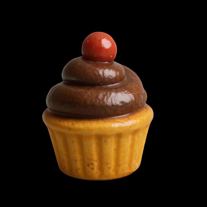 Cupcake al cioccolato con ciliegia in rotazione su sfondo nero