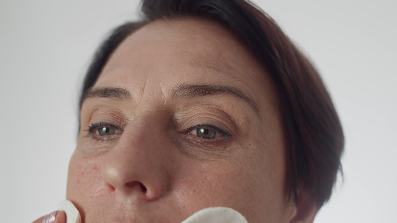 Mature Woman Using Cotton Pads when Removing Makeup on Face