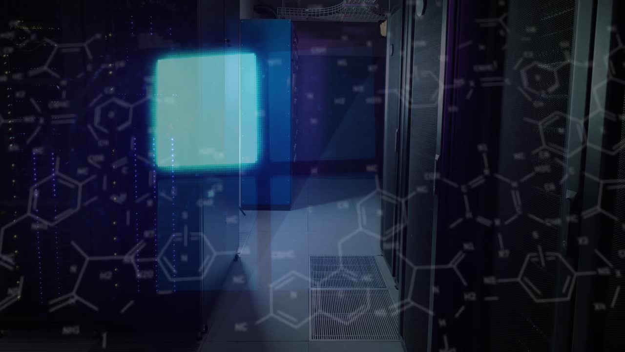 animación de cuadrados iluminados sobre estructuras moleculares contra la sala de servidores en el fondo