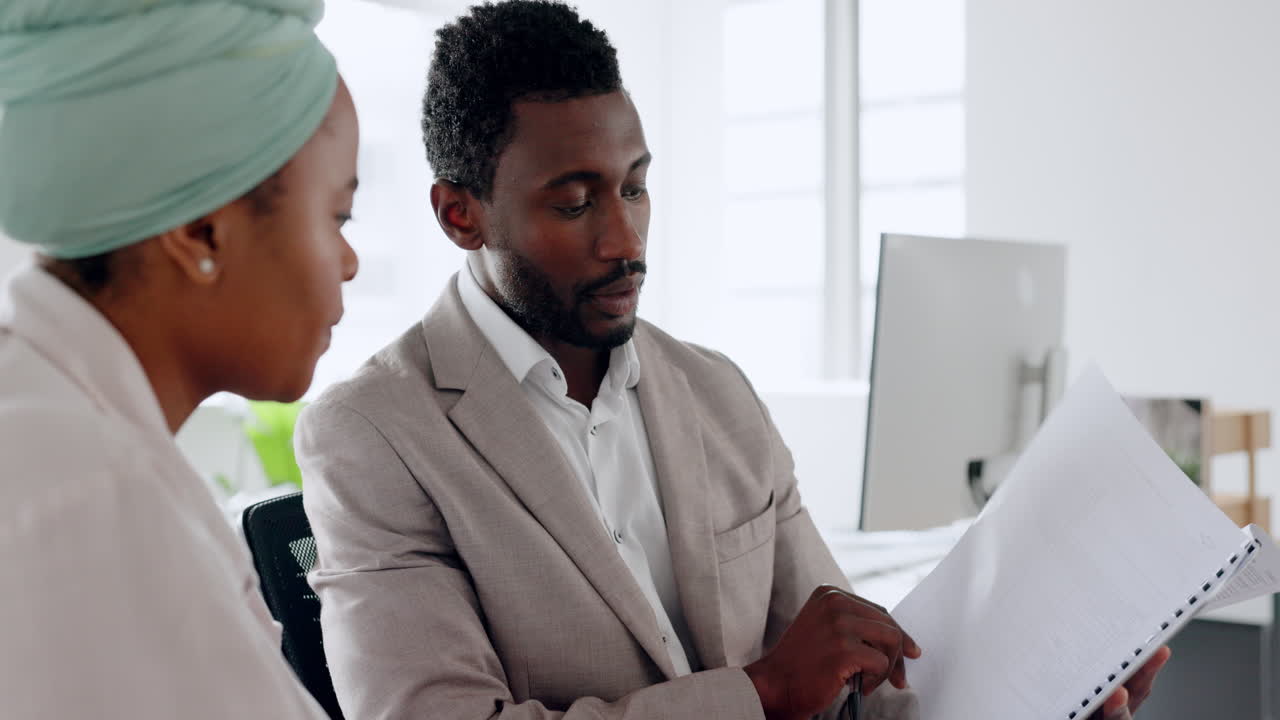 Documents, lawyer and businessman with black woman