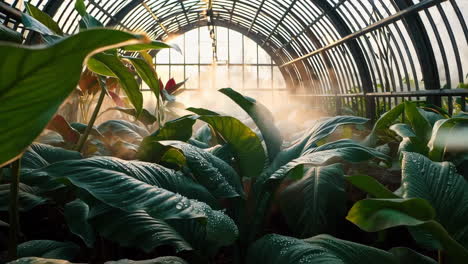 lush green plants in a steamy greenhouse with sunbeams