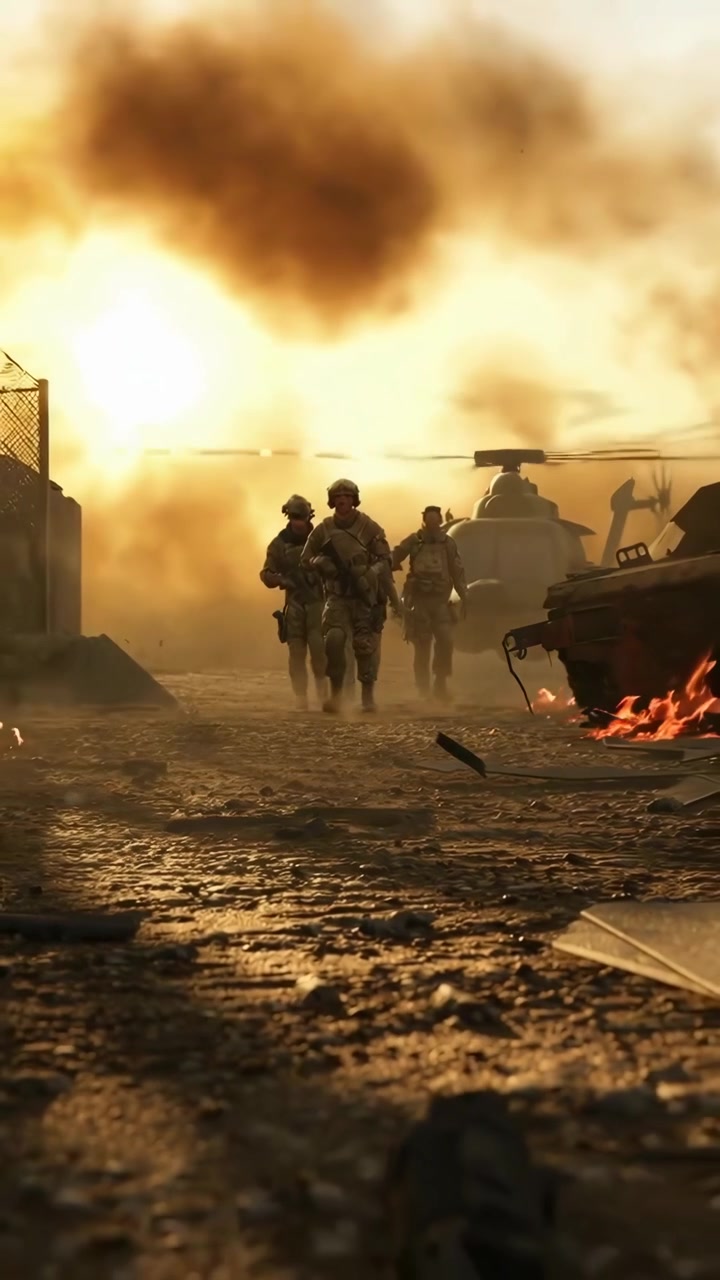 Soldati Che Attraversano un Campo di Battaglia Polveroso e Dilaniato dalla Guerra al Tramonto