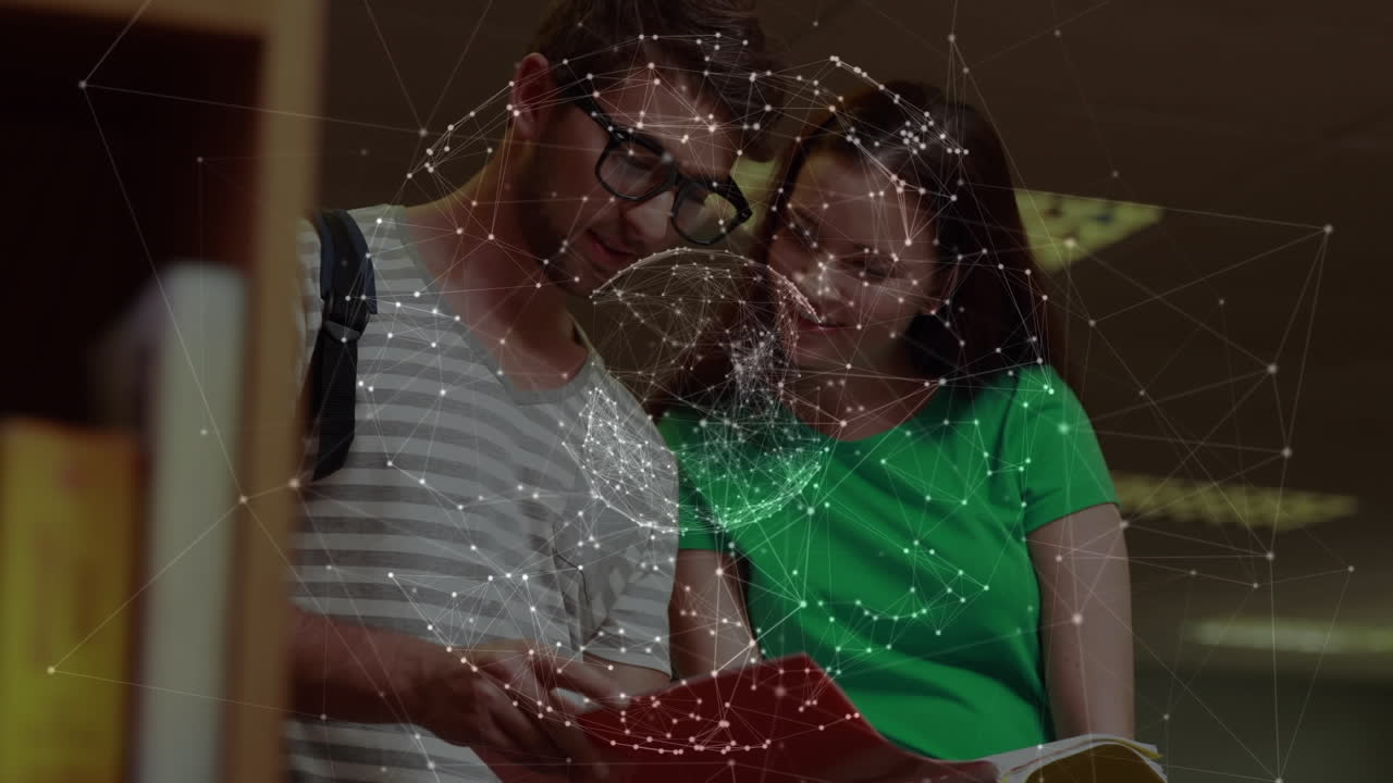 animación del globo con red de conexiones sobre estudiantes masculinos y femeninos leyendo