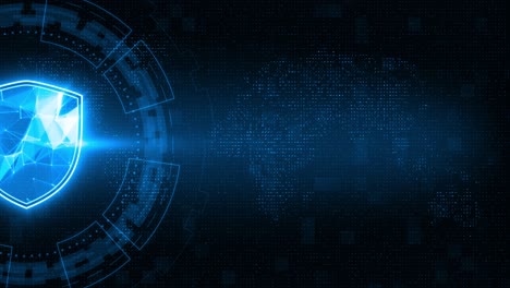 motion graphic of blue shield with circle rotation on earth maps background and futuristic technology abstract background network security concept