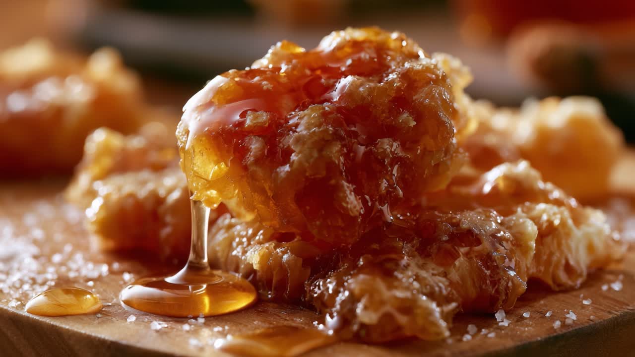 Nido d'ape luccicante che gocciola dolcezza, catturando l'essenza naturale del miele e il suo aspetto ricco e strutturato su una superficie di legno rustico.