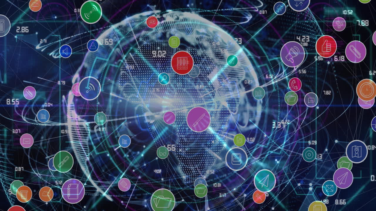 анимация сети соединений, икон и обработки данных по всему миру