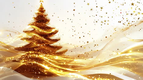 a christmas tree with gold leaves and a star on top. the tree is surrounded by a white background with a lot of snow