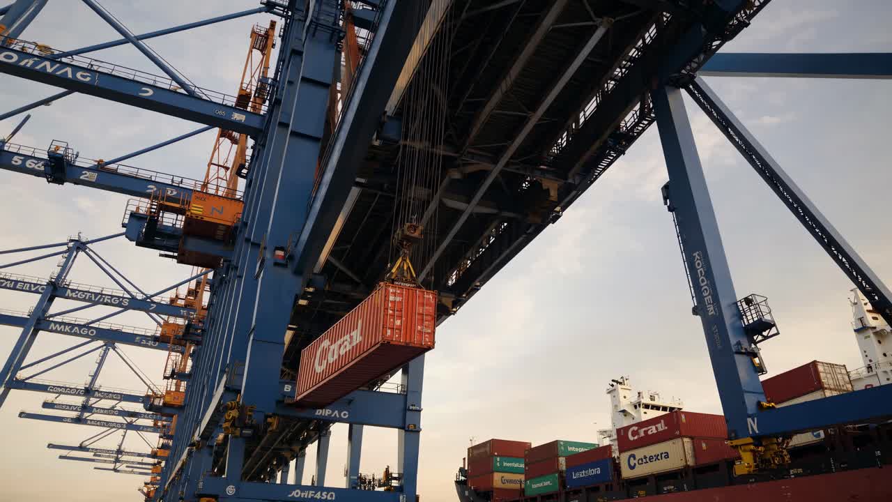 Lav engel af en kran, der løfter en fragtcontainer i en travl havn og indfanger industrielt