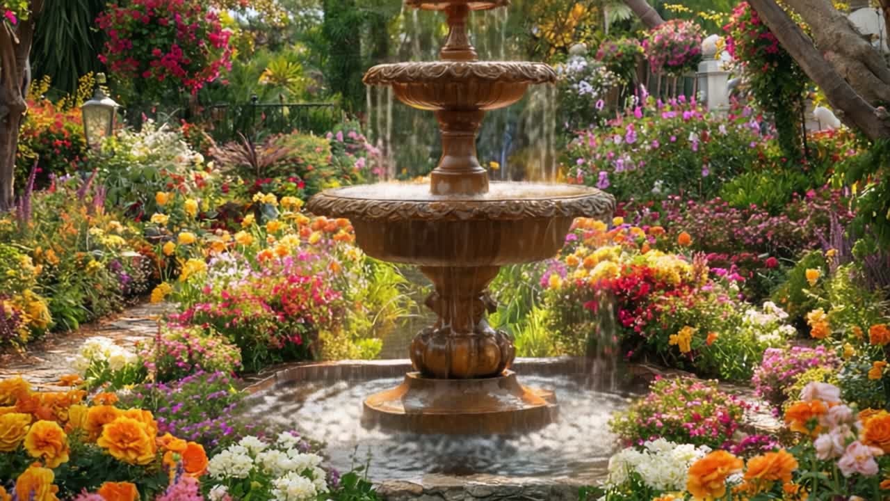 A Serene Garden Oasis with a Beautiful Fountain Surrounded by Vibrant Flowers and Lush Greenery, Showcasing Nature's Artistry and Tranquility