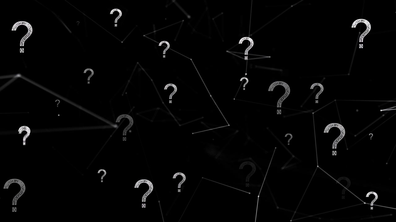 Wireframe network drifting and starting question marks fading in, showing uncertainty and depth