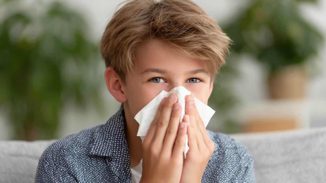 A Young Boy Expresses Emotion: From Sneezing to Calm Reflection in Two Frames, Capturing the Transition of Mood and the Challenges of Seasonal Allergies