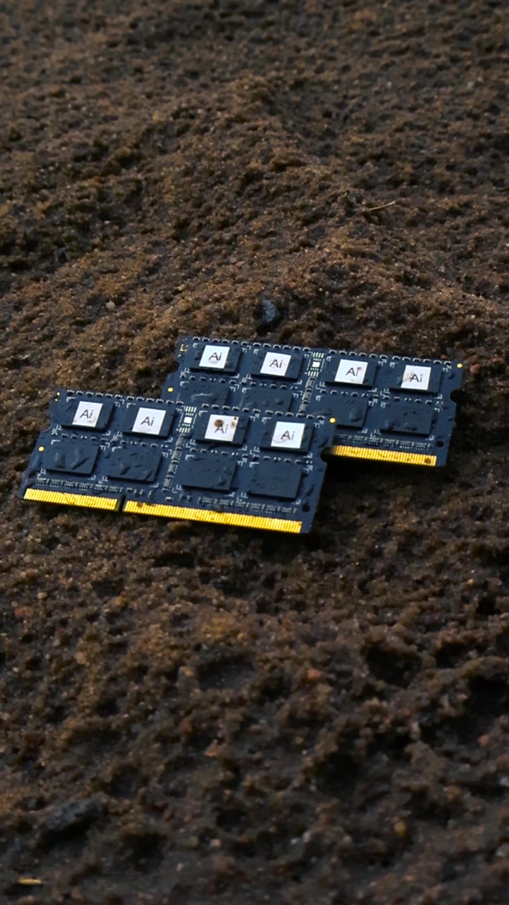 Heavy raindrops falling in slow motion on discarded artificial intelligence microchips and memory modules half buried in wet mud, symbolizing technological waste and obsolescence