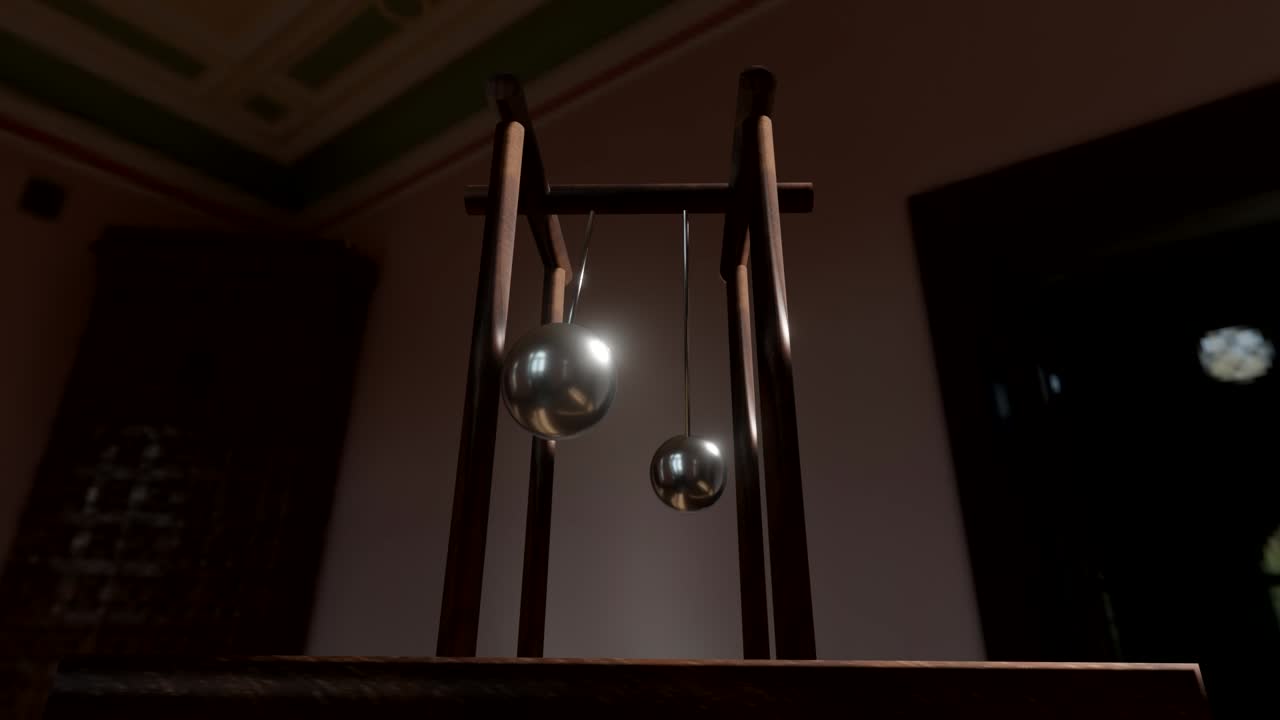 집 내부를 장식하는 나무 진자와 금속 구체