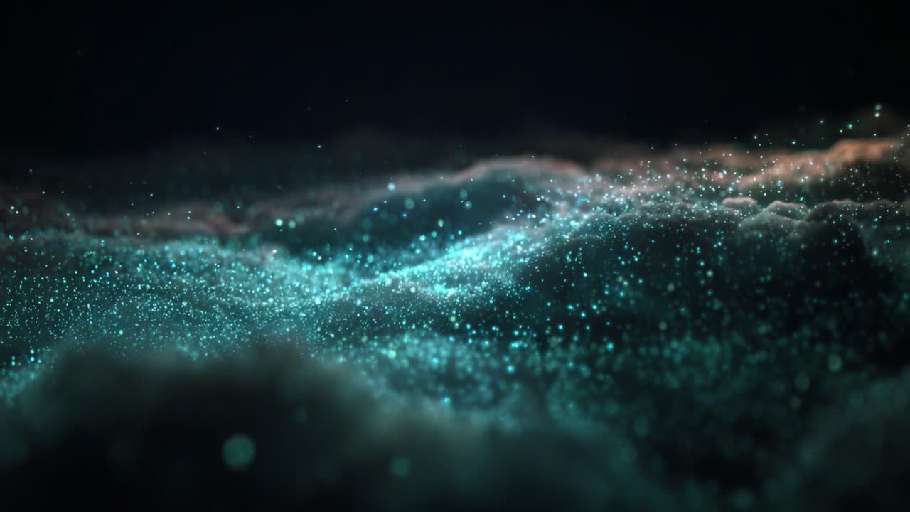 A mesmerizing display of shimmering particles and ethereal waves, creating a captivating visual experience reminiscent of a cosmic landscape filled with enchanting luminosity and depth