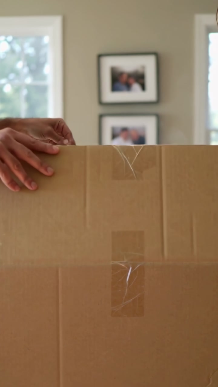 Vertical video: Peeling taped flap, man in dark tee and woman opening box at home, revealing device