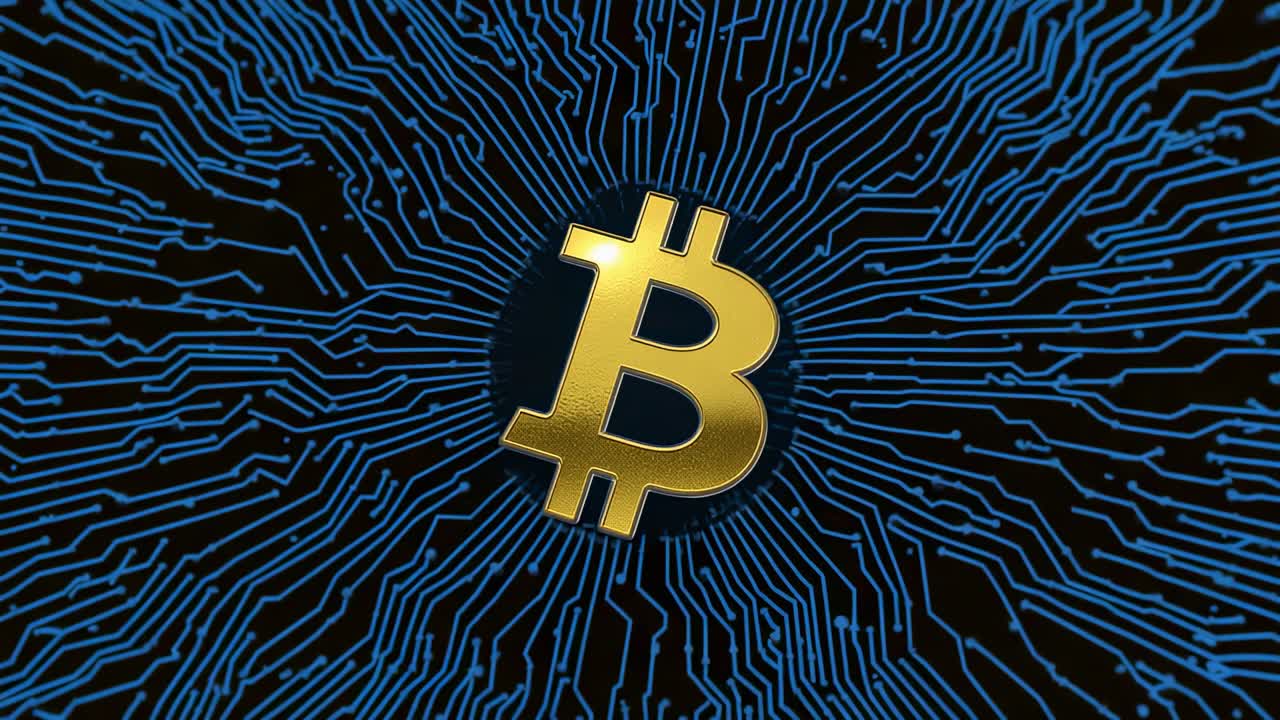 Opening with camera capturing close-up of golden Bitcoin symbol on backdrop with glowing circuitry