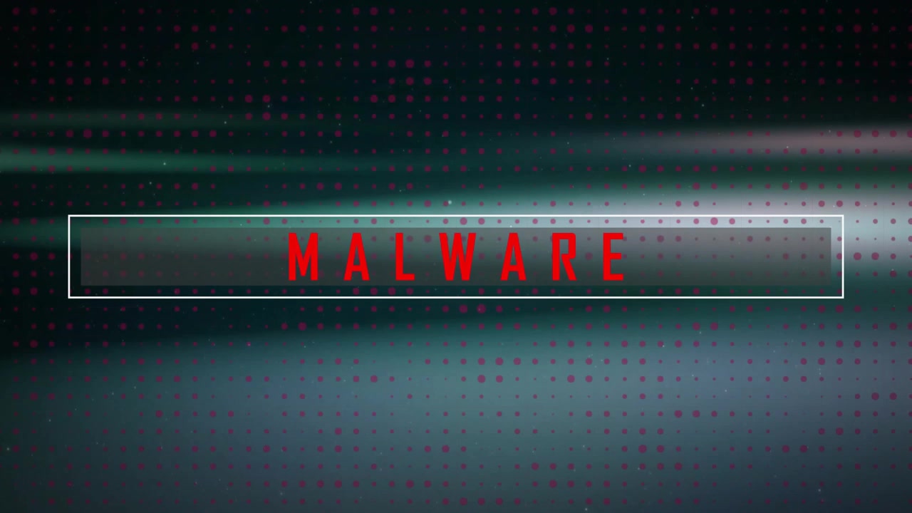 Efter en pause viser grænsefladen røde fragmenter, der glider ind i MALWARE-titlen og indrammer truslen.