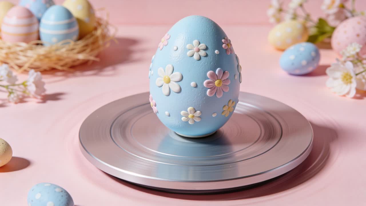 Rotating silver turntable turning blue egg on pink tabletop, showcasing daisy appliques and nest