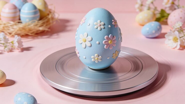 Rotating silver turntable turning blue egg on pink tabletop, showcasing daisy appliques and nest