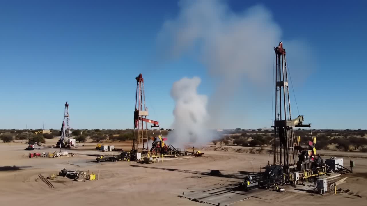 Oil Drilling Operations in a Remote Desert Setting Showcasing Heavy Machinery and Smoke Plumes Rising from Active Well Heads During Extraction Process