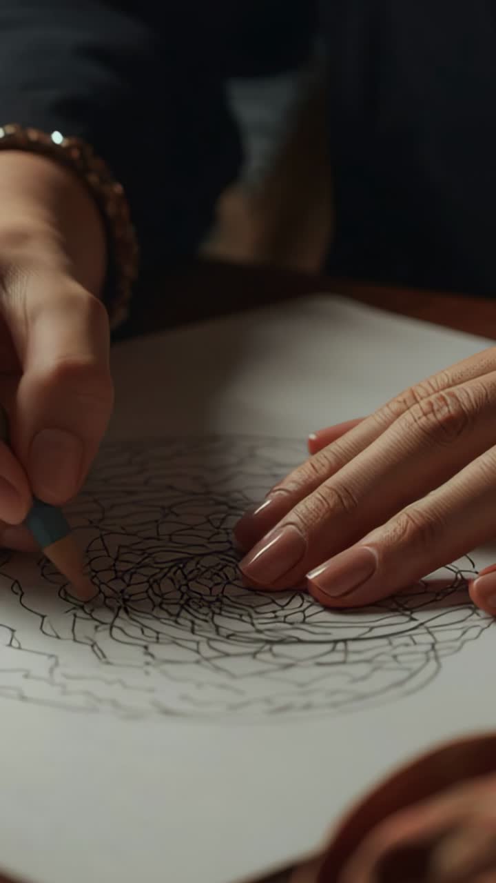 Vertical video: Artist steadying hand then creating mandala pattern in studio on desk with pencil
