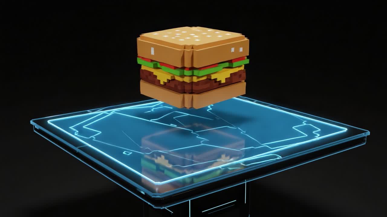 A Detailed View of a 3D Rendered Hamburger with Colorful Layers Against a Dark Background, Showcasing Textures and Design Elements Perfect for Food Graphics or Animation Projects