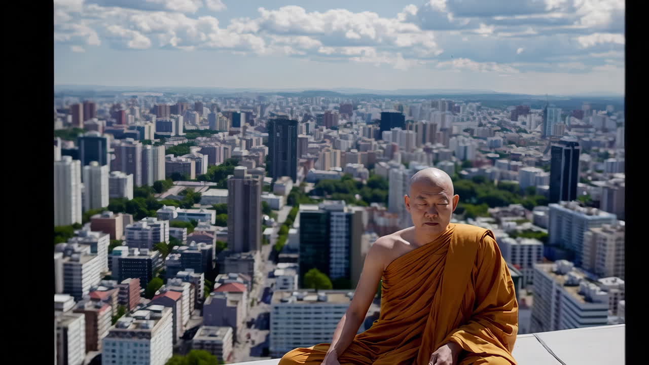 el monje budista medita en el paisaje urbano de la azotea