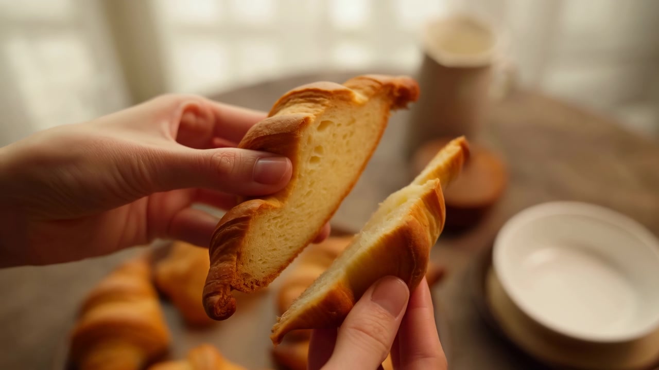 Mani separano delicatamente un croissant dorato su un tavolo di legno rustico, mentre la calda luce della finestra ne evidenzia la crosta sfogliata, gli strati ariosi, la consistenza burrosa e un'invitante atmosfera da colazione, con croissant e pasticcini.