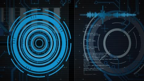 Animación-De-Interfaz-Con-Escáneres-Redondos-Y-Procesamiento-De-Datos-Sobre-Fondo-Negro