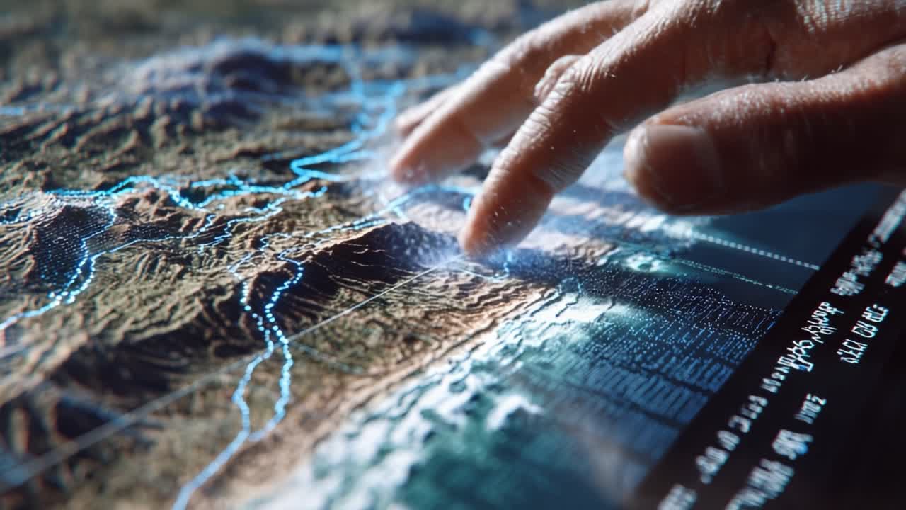 Exploring Terrain: A Close-Up of a Hand Interacting with a Topographical Map Enhanced with Digital Data Representations