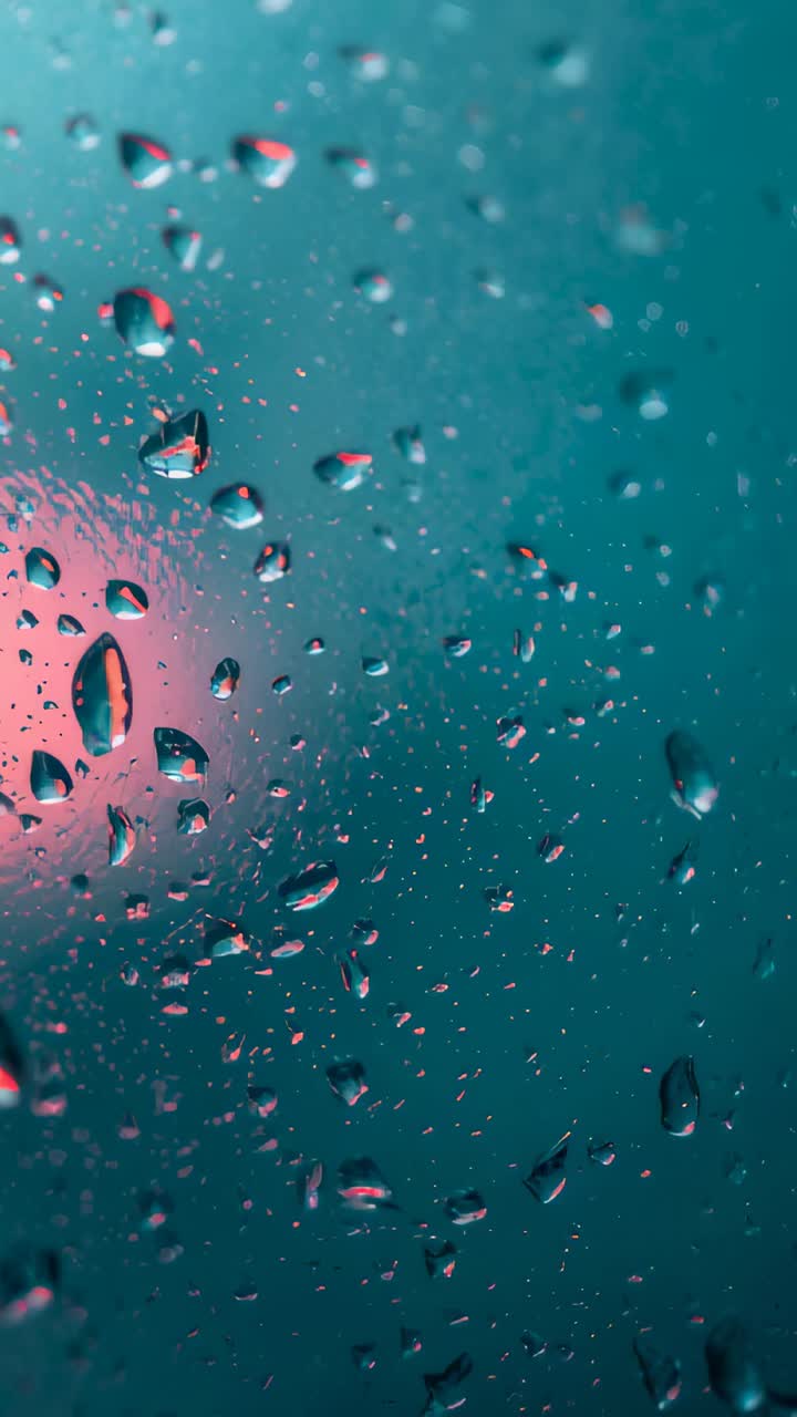 Vertical video: Shifting teal-pink light causing droplets on vertical glass, refracting, settling