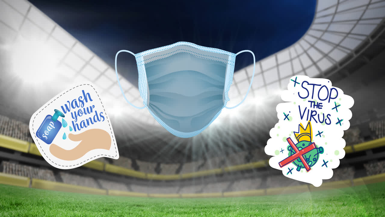 animación de señales de covid-19 y máscaras faciales sobre el estadio deportivo