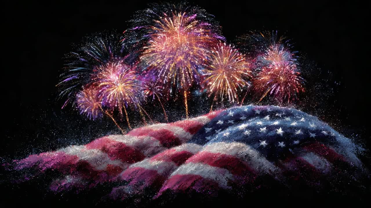 A Stunning Display of Fireworks Illuminating the Night Sky Above a Beautifully Draped American Flag, Celebrating Freedom and Unity in a Dazzling Spectacle
