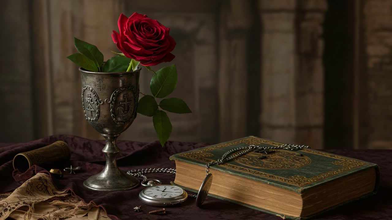 A Stunning Still Life Featuring a Vibrant Red Rose in a Silver Goblet Beside an Open Book and Vintage Pocket Watch, Capturing Timeless Elegance and Intrigue