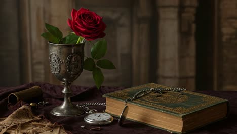 a stunning still life featuring a vibrant red rose in a silver goblet beside an open book and vintage pocket watch, capturing timeless elegance and intrigue
