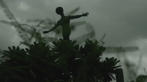 Toma-En-Movimiento-De-Una-Estatua-Parada-En-Un-árbol