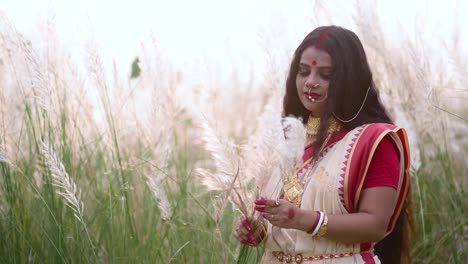 A-happy-and-beautiful-Indian-bengali-woman-plays-with-the-long-white-grass-Kaash-phool-in-a-field-wearing-saree-at-sunset-or-sunrise,-Slow-motion-Saccharum-Spontaneum