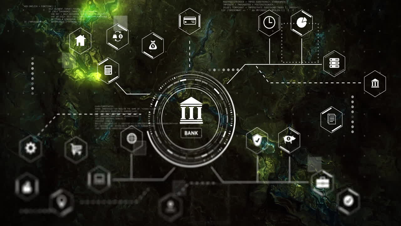 Animation of banking and finance icons connecting over digital network background