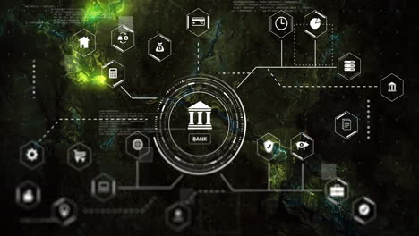 animation of banking and finance icons connecting over digital network background