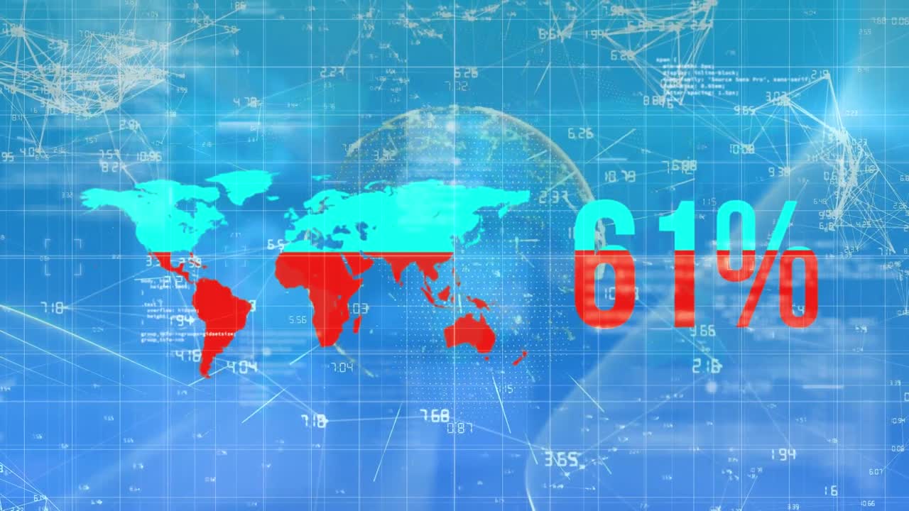 파란색 배경에 있는 데이터 처리 및 세계 지도의 애니메이션