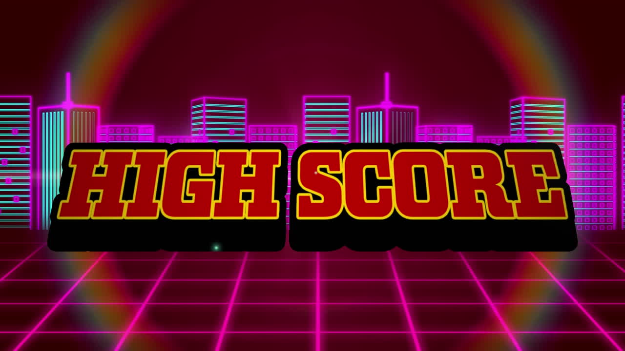 빨간색 텍스트 높은 점수, 폭발과 분홍색 그리드 및 도시 풍경의 애니메이션