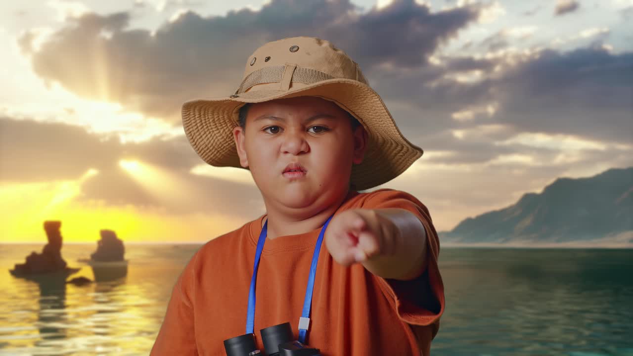 Asiatischer Junge mit Hut und Fernglas, der mit dem Finger auf dich zeigt und dich wütend beschuldigt, am Strand. Jungenforscher, Reiseabenteuer, Nahaufnahme