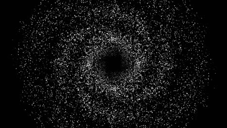 black hole in space surrounded by glowing white star field. animation. beautiful cosmic monochrome landscape of rotating particles